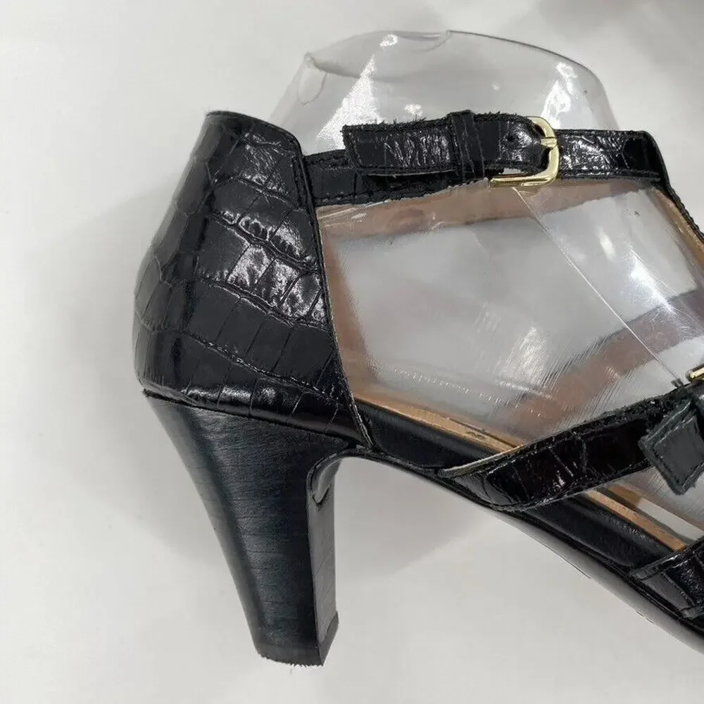 Sofft Womens Cage Strappy Heels Pumps Black Croc Embossed Leather Sz‎ 8M Comfort